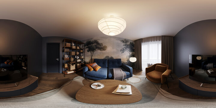 Full spherical seamless hdri 360 panorama in equirectangular projection in interior of living room in modern flat apartments, VR content