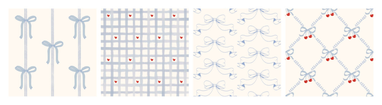 Seamless hand-drawn patterns with delicate blue bows, ribbons, cherries and soft checkered textures. Whimsical pastel coquette style, perfect for packaging, stationery, textiles and romantic branding.