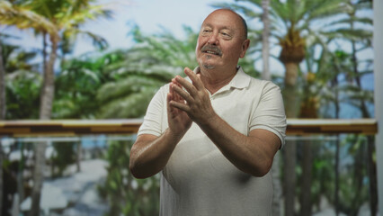 Naklejka premium Man senior hispanic clasping hands and gesturing on a balcony in a building with palm trees and glass railing; serenity reflection.