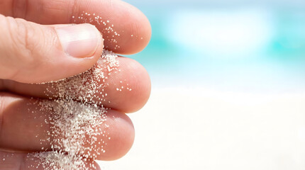 Fototapeta premium Macro of white sand grains slipping through fingers