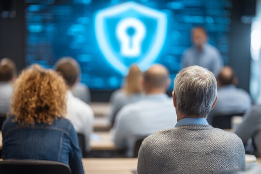Attendees listening to a business presentation featuring a glowing blue keyhole shield icon, concept for data protection workshops, cybersecurity training and corporate seminars