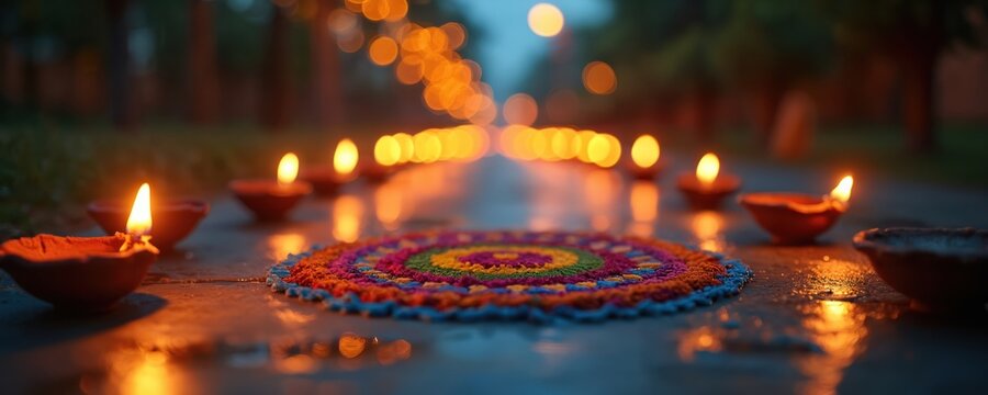 Dusk scene with oil lamps on pathway, colorful rangoli in foreground. Warm glow lights up ground, blurred background lights create festive ambiance.