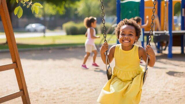 joyful child in yellow dress smiling on swing set in sunny park playground