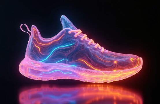 Futuristic glowing sneaker isolated on black. Neon lines create energy effect on transparent shoe. Modern athletic footwear for running or sport.
