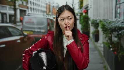 Fototapeta premium Woman shushing on urban street wearing red jacket, holding helmet with finger over lips, surrounded by cars and buildings, conveying silence and secrecy in city setting.