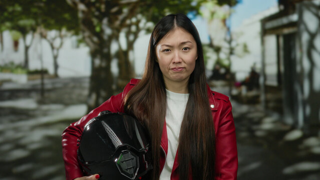 Woman wearing red jacket holding helmet stands on urban city street with trees visible in background capturing an outdoor ambiance.