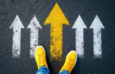 Fototapeta premium Person in yellow shoes stands on asphalt road with painted arrows. One big yellow arrow points forward against four white arrows. Concept of standing out, choosing unique path. Customer Scenarios 1.