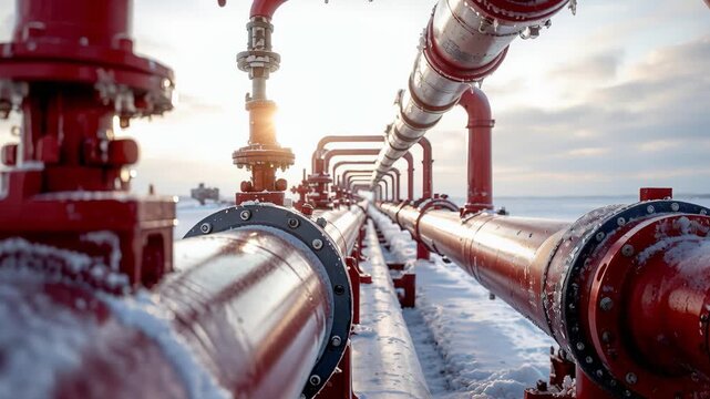 Drone Inspecting Pipeline With Frost And Distant Processing Facility