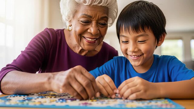 joyful senior woman and young boy collaborating on a puzzle at home on a sunny day