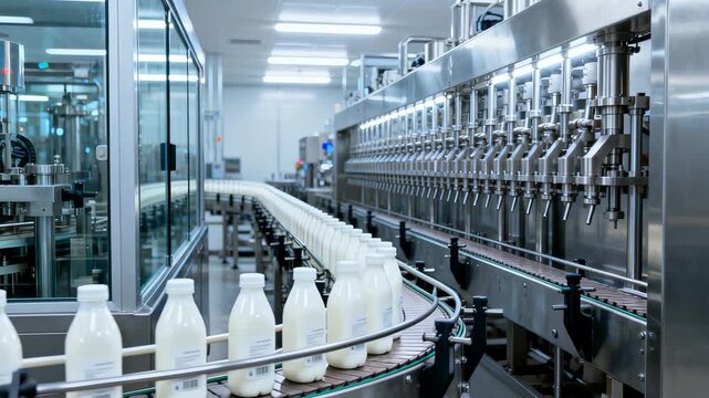 Conveyor Curve Directing Milk Bottles Into Packaging Machinery