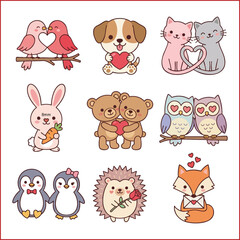 Obraz premium Cute animal couples in love set. Cartoon pets and wildlife hugging.