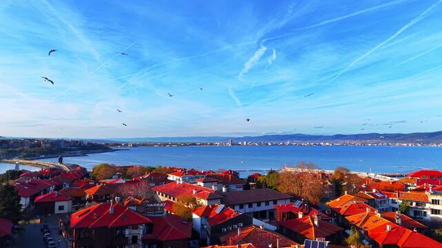Red-roofed houses along the coast with many seagulls flying in the foreground against a blue sky with contrails. Harbor and mountains in the distance. Aerial cityscape of old town.