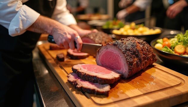 Chef carves juicy prime rib roast at carving station buffet. Sliced red meat rests on wooden board next to fresh salad and potatoes. Delicious feast awaits hungry guests.