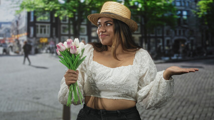 Fototapeta premium Woman holding pink tulips, palm up gesture on cobblestone street with buildings behind, wearing straw hat and cropped white blouse; joy.
