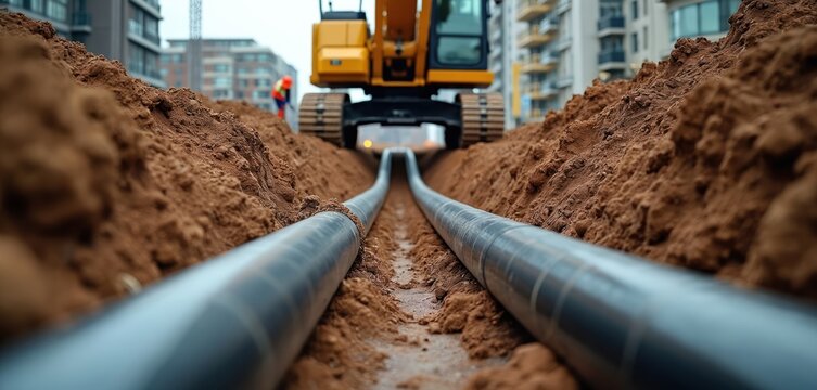 Excavator installs underground pipes. Trenchless pipeline construction begins with heavy machinery digging dirt. Utility infrastructure work is ongoing near buildings.