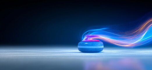 Curling stone banner with dynamic colorful energetic light trails. Curling wallpaper