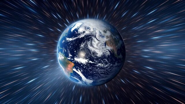 Earth appears to spin in deep space with bright motion streaks, symbolizing planetary rotation, time flow, and global movement