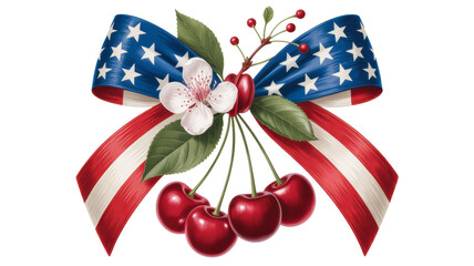 Obraz premium Patriotic american flag bow with fresh red cherries and a delicate cherry blossom isolated on transparent background