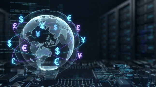 Global economy with digital planet and currency symbols. Concept of international finance, cryptocurrency, and blockchain technology for worldwide money exchange