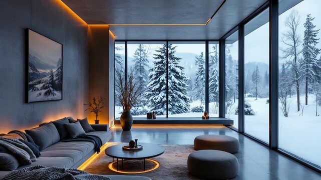 Stylish Winter Retreat Featuring Large Windows And Warm Ambient Lighting