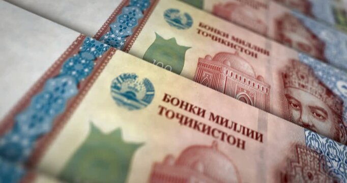 Tajikistan somoni Tajikistani money banknote loop. 100 TJS money texture. Concept of economy, business, crisis, banking, recession, debt and finance. Moving over note loopable seamless 3d.
