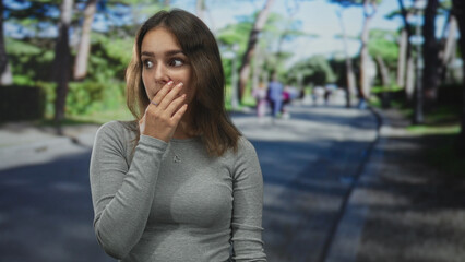 Fototapeta premium Woman with hand covering mouth and wide eyes on a sunlit street with trees and blurred pedestrians in distance; surprise concern.