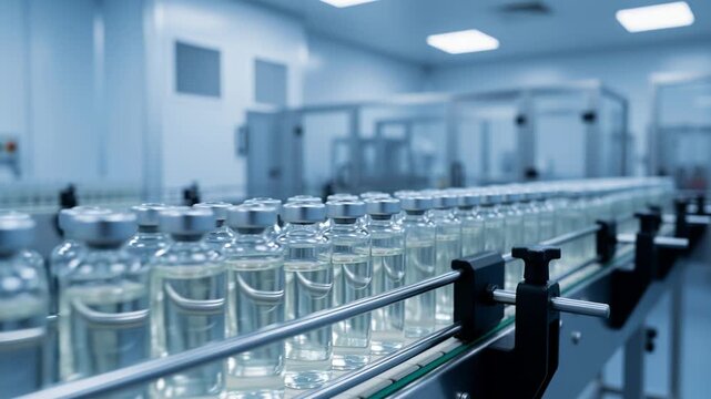 Clean Serum Vials Proceed On Controlled Aseptic Production Line