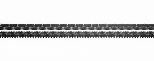 Black tractor tire marks imprinted on white surface. Distinctive tread pattern visible on clean background. Offers rough texture for design projects.