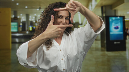 Obraz premium Woman in white shirt framing composition with fingers at crowded airport terminal; curiosity vision.