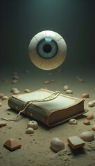Floating Eyeball Above Tied Book in Sand