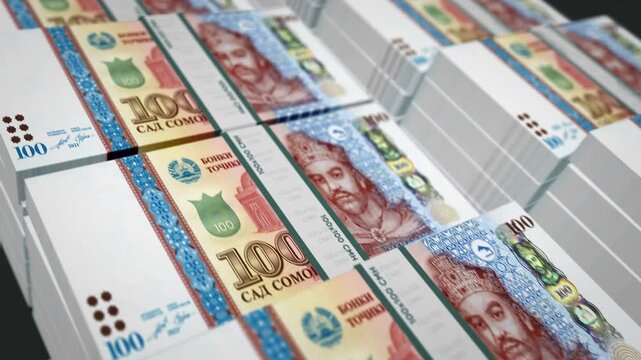 Tajikistan somoni Tajikistani money pack loop 3d animation. Loopable seamless concept of finance, cash, economy, business and bank. Camera moving over 100 TJS banknote bundle stacks.