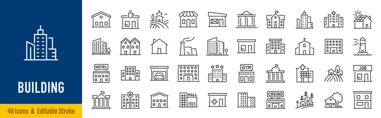 Fototapeta premium Building web icons in line style. Hotel, hospital, apartament, city, town house, mall, coffee, collection. Vector illustration.