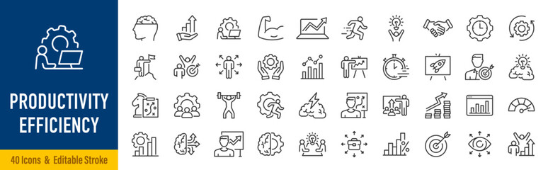 Naklejka premium Productivity and Efficiency web icons in line style. Performance, business planning, success, goal, process, collection. Editable stroke. Vector illustration.
