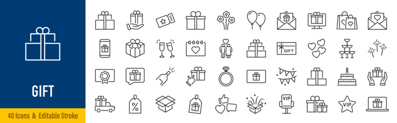 Gift web icons in line style. Bonus, award, prize, discount, birthday, gift box, collection. Editable stroke.  Vector illustration. © iiierlok_xolms
