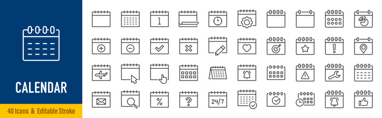 Calendar web icons in line style. Time and seasons, date, week, months, day, year, settings, collection. Editable stroke.  Vector illustration.