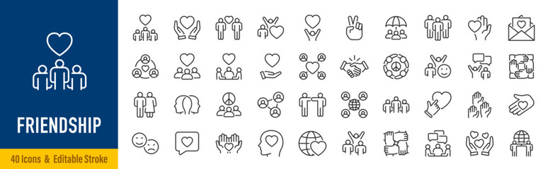Fototapeta premium Friendship web icons in line style. Interaction, friend, relationship, mutual assistance, social responsibility, buddy, love, collection. Editable stroke. Vector illustration.