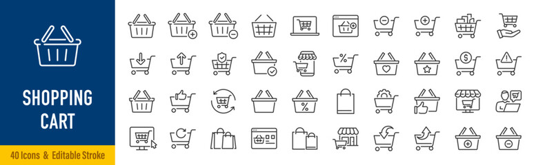 Shopping cart web icons in line style. Shop basket, mobile shop, online store, bag, add, collection. Editable stroke.  Vector illustration.