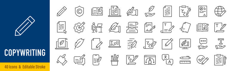 Fototapeta premium Copywriting web icons in line style. Document, writing, creative, signature, collection. Editable stroke. Vector illustration.
