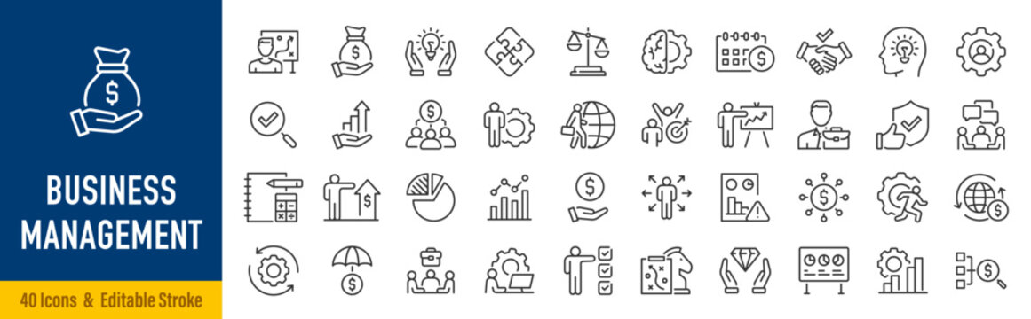 Business Management web icons in line style. Manager, strategy, businessman, partnership, meeting, work group, collection. Editable stroke.  Vector illustration.