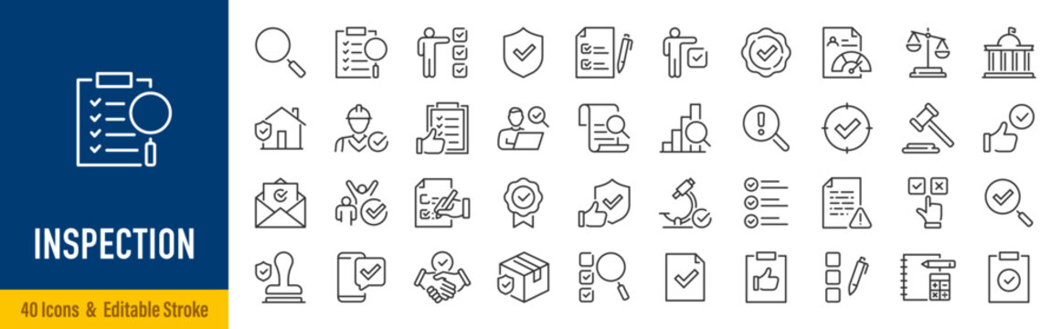 Inspection web icons in line style. Examination, testing, quality control, check, inspect, collection. Editable stroke.  Vector illustration.