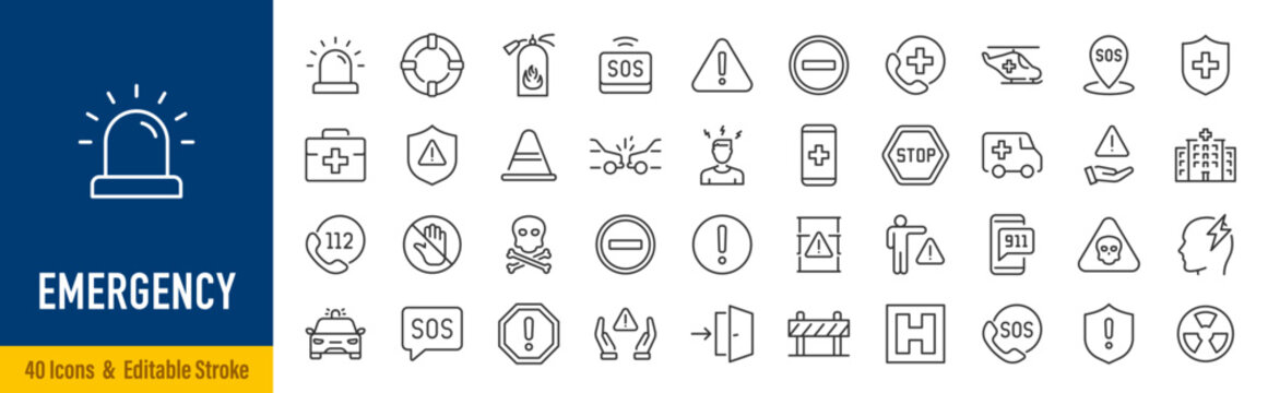 Emergency web icons in line style. Evacuation, SOS emergency call, ambulance, help, emergency hotline, exit, collection. Editable stroke.  Vector illustration.