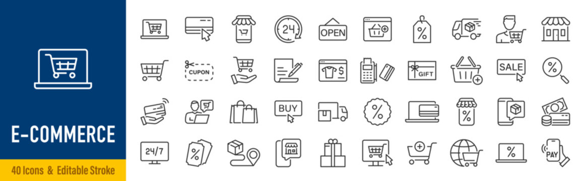 E-Commerce web icons in line style. Online shopping, digital marketing, delivery, coupon, shop, discount, bank card, gifts, shop collection. Editable stroke.  Vector illustration.