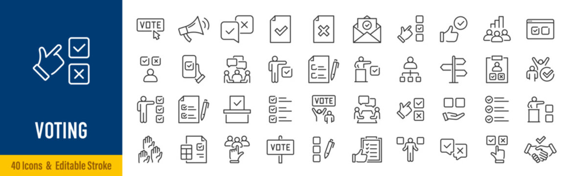 Voting web icons in line style. Vote box, candidates, form, approved, checklist, online, rating, collection. Editable stroke.  Vector illustration.