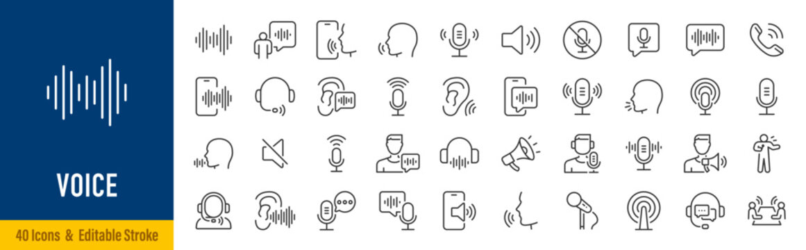 Voice web icons in line style. Sound wave, voice recognition, message, audio, speech, collection. Editable stroke.  Vector illustration.