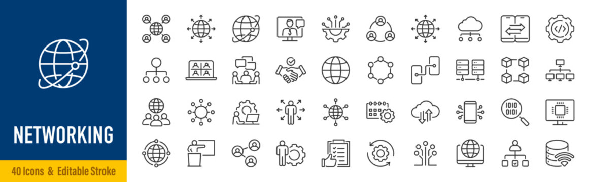 Networking web icons in line style. Connection, network, community, social network, contact us, events, professional, collection. Editable stroke.  Vector illustration.