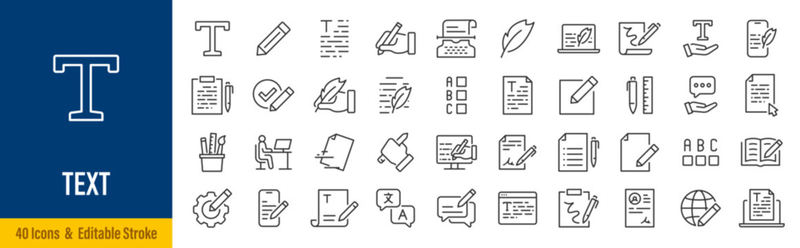 Text web icons in line style. Words, read, copywriting, collection. Editable stroke.  Vector illustration.