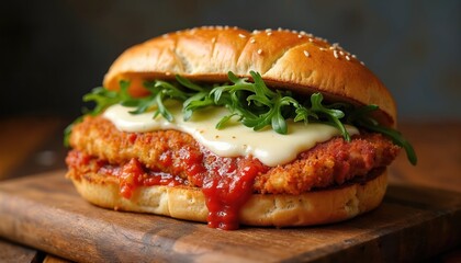 Crispy chicken breast sandwich on sesame bun with melted mozzarella, marinara sauce, and fresh greens. Delicious Italian-American comfort food great for lunch or dinner.
