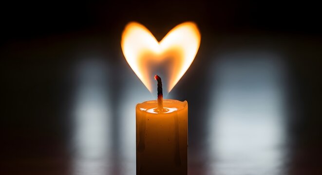 A single candle flame in the shape of a heart