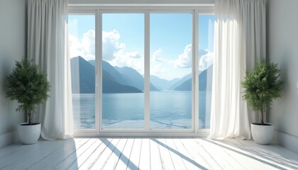Fototapeta premium Empty room with floor to ceiling windows frames stunning mountain and sea panorama. White curtains drape elegantly, framing rich greenery outside. Natural light fills space.