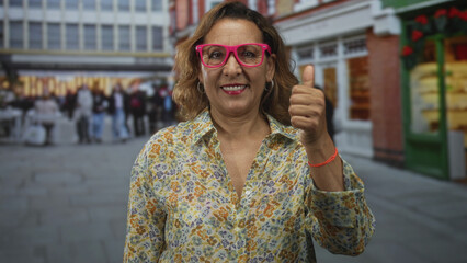 Fototapeta premium Woman smiling, finger pointing to pink glasses while wearing floral blouse in a busy street market; confidence connection.